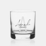 Modern Personalised Bridesmaid's Monogram and Name Whiskey Glass<br><div class="desc">Modern Personalised Bridesmaid's Monogram and Name Gifts This design features personalised bridesmaid's name in grey modern handwriting script font style and monogram in light grey modern sans serif font style as background, with wedding details in grey modern sans serif font style. Also perfect for maid of honour, mother of the...</div>