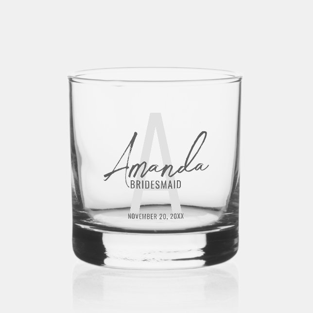 Modern Personalised Bridesmaid's Monogram and Name Whiskey Glass (Front)