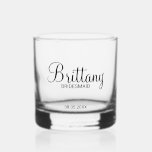 Modern Personalised Bridesmaids Name Whiskey Glass<br><div class="desc">Personalised Bridesmaids Gifts
featuring personalised bridesmaid's name in modern script font style with title and wedding date in modern sans serif font style.

Also perfect for Maid of Honour,  Flower Girl,  Mother of the Bride and more.</div>