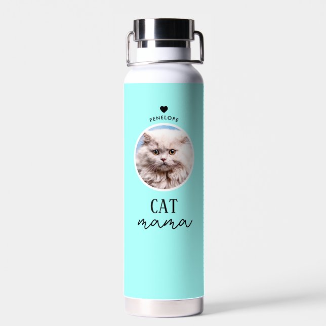 Modern Personalised Cat Mama Custom Name Photo Water Bottle (Back)