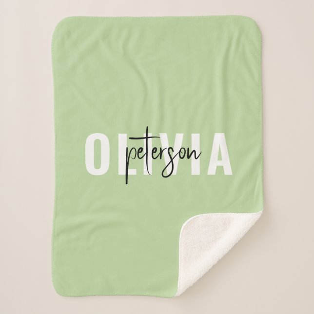 Modern Personalised Cute Sage Green Sherpa Blanket (Front)