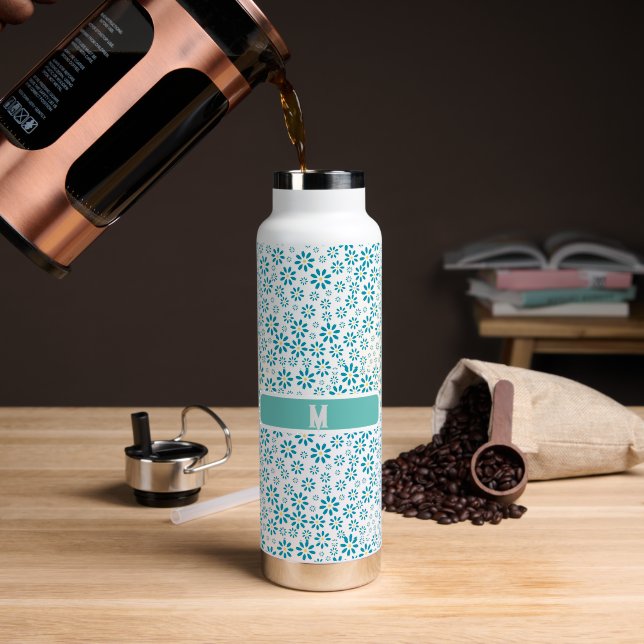 Modern Personalised Daisy Flower Initial Water Bottle (Coffee (Rotated))