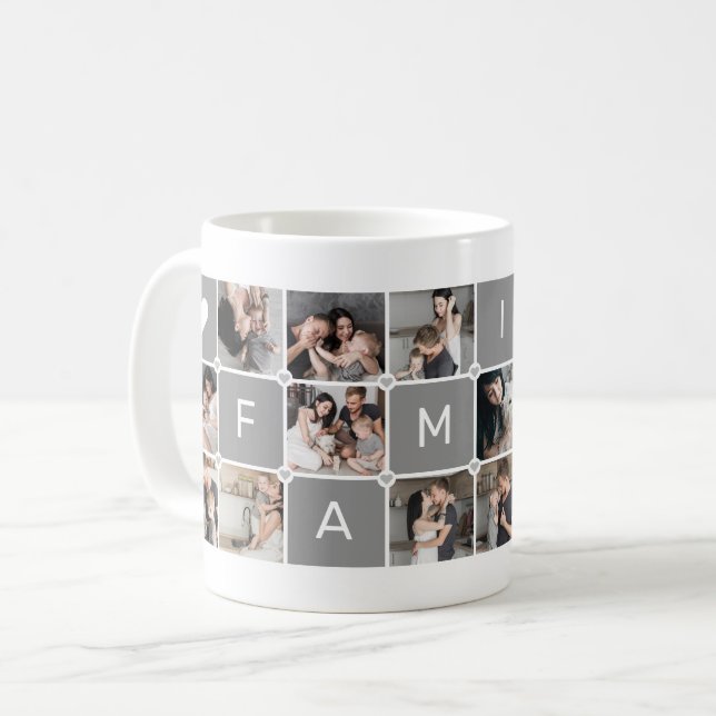 Modern Personalised "Family" 16-Photo Collage Coffee Mug (Front Left)