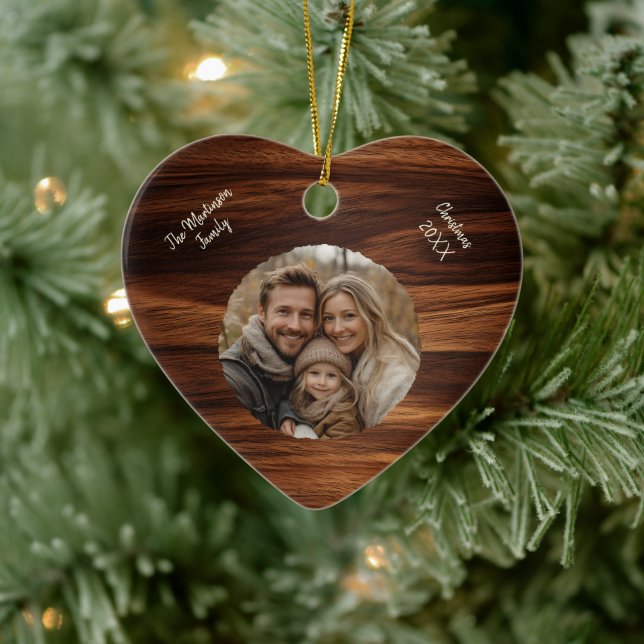 Modern Personalised Family Photo Woodgrain Heart Ceramic Ornament (Tree)