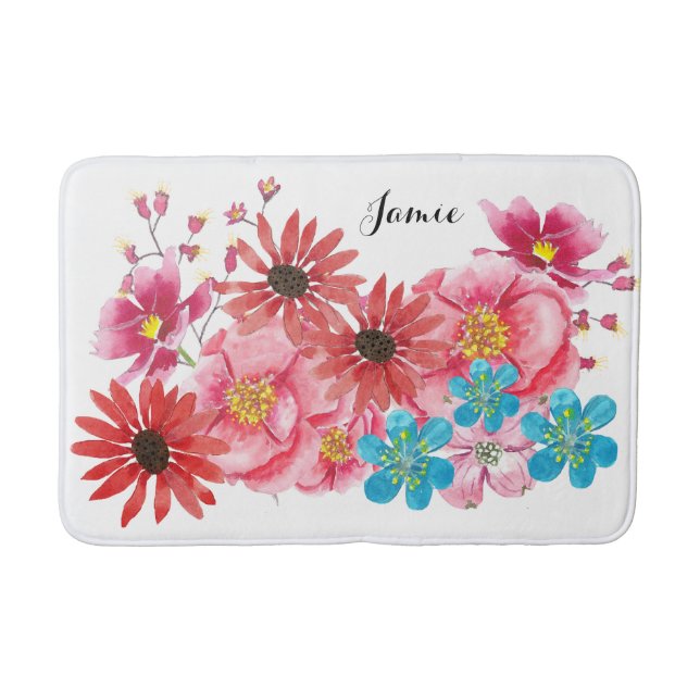 Modern Personalised Folksy Wildflower Bloom Bath Mat (Front)