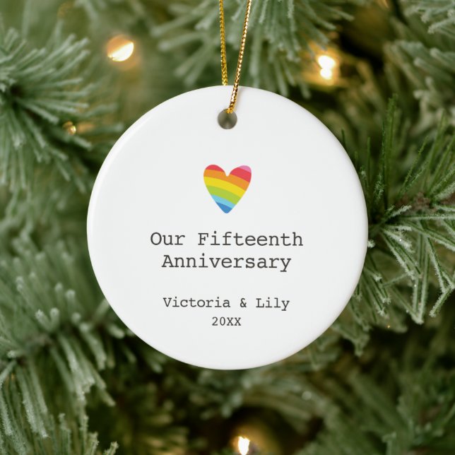 Modern Personalised Gay 15th Wedding Anniversary Ceramic Ornament (Tree)