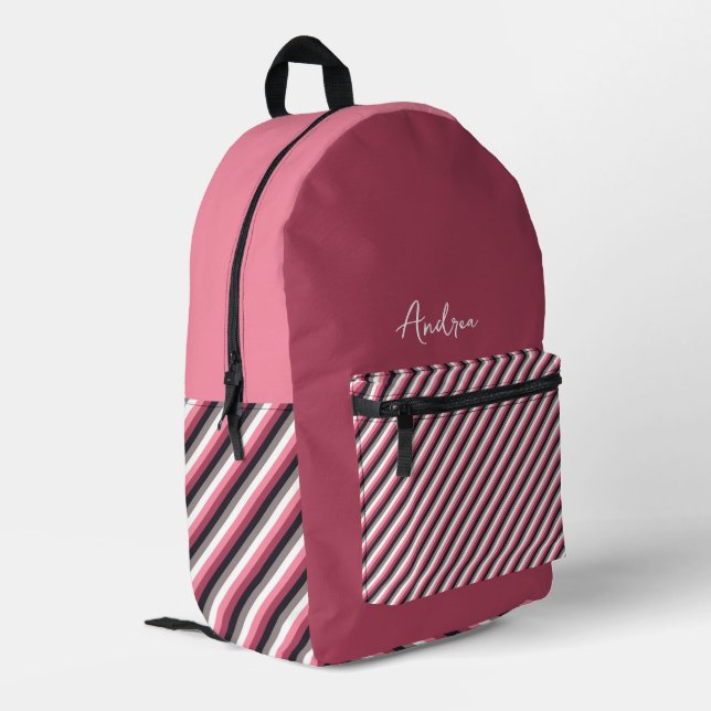 Modern Personalised Girly Pink Stripes Printed Backpack (Back Corner Left)