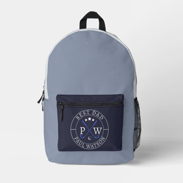 Modern Personalised Golf Player Name Best Dad Printed Backpack (Front)