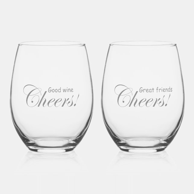 Modern Personalised Good Wine Good Friends Cheers! Stemless Wine Glass (Front)