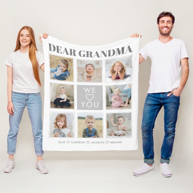 Modern Personalised Grandma We Love You 8-Photos Fleece Blanket (In Situ)