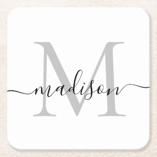 Modern Personalised Grey Monogram Script Name Square Paper Coaster