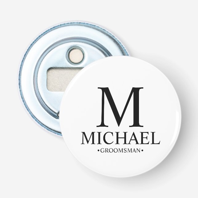Modern Personalised Groomsman Name and Monogram Bottle Opener (Front)