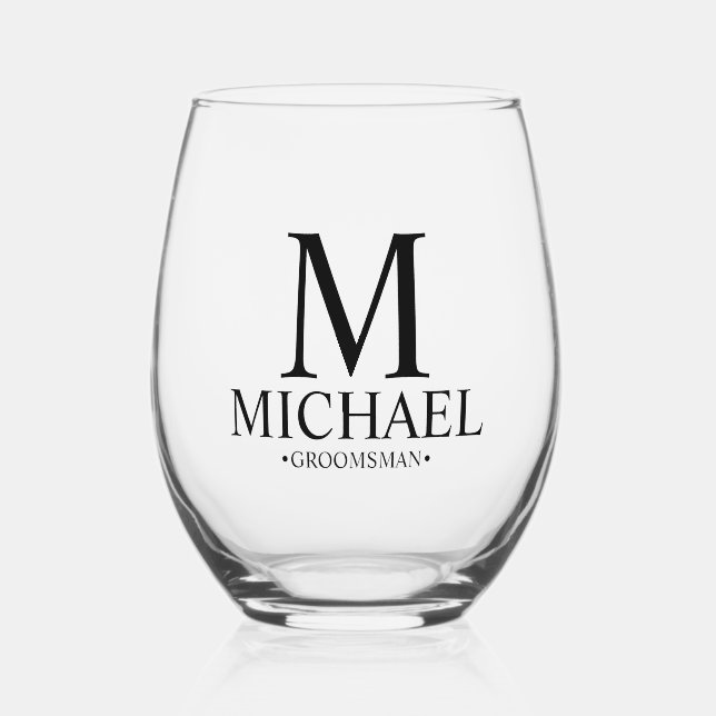 Modern Personalised Groomsman Stemless Wine Glass (Front)