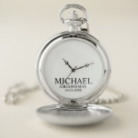 Modern Personalised Groomsman's Name and Monogram Pocket Watch<br><div class="desc">Modern Personalised Groomsman Gifts
featuring personalised groomsman's name,  title and wedding date in black classic serif font style on white background.

Also perfect for Best Man,  Father of the Bride and more.</div>