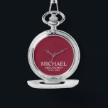 Modern Personalised Groomsman's Name and Monogram Watch<br><div class="desc">Modern Personalised Groomsman Gifts
featuring personalised groomsman's name,  title and wedding date in white classic serif font style on burgundy red background.

Also perfect for Best Man,  Father of the Bride and more.</div>