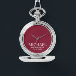 Modern Personalised Groomsman's Name and Monogram Watch<br><div class="desc">Modern Personalised Groomsman Gifts
featuring personalised groomsman's name,  title and wedding date in white classic serif font style on burgundy red background.

Also perfect for Best Man,  Father of the Bride and more.</div>