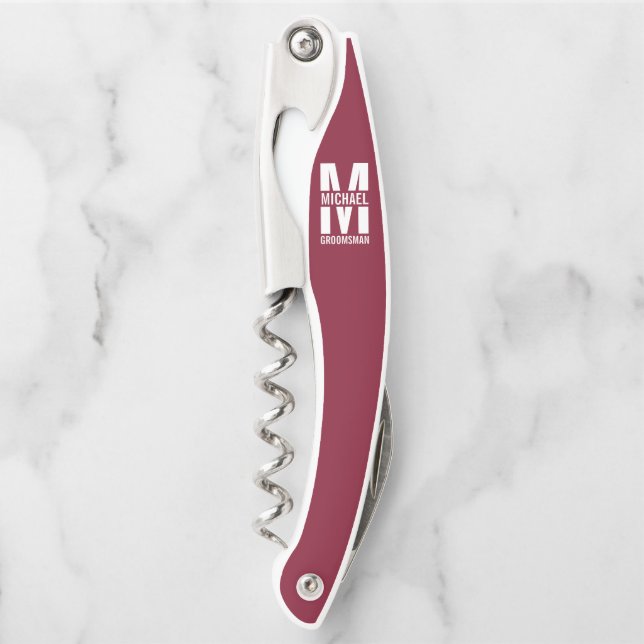 Modern Personalised Groomsmen Monogram and Name Corkscrew (Front)
