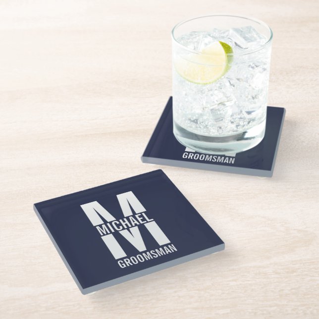 Modern Personalised Groomsmen Monogram and Name Glass Coaster (Angled)