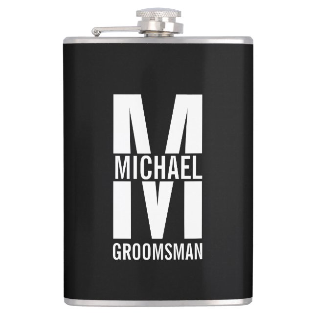 Modern Personalised Groomsmen Monogram and Name Hip Flask (Front)