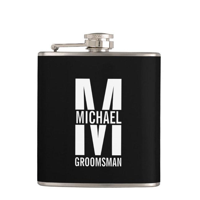 Modern Personalised Groomsmen Monogram and Name Hip Flask (Front)