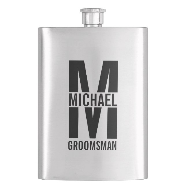 Modern Personalised Groomsmen Monogram and Name Hip Flask (Front)
