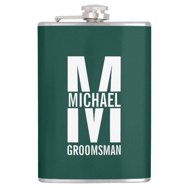 Modern Personalised Groomsmen Monogram and Name Hip Flask (Front)
