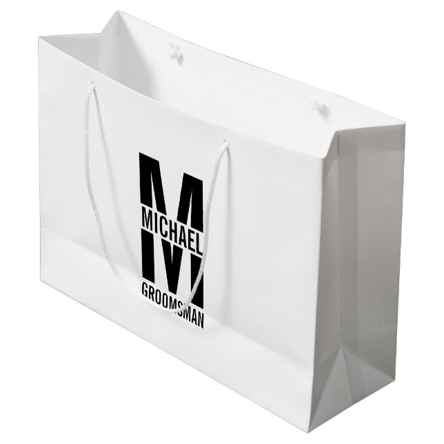 Modern Personalised Groomsmen Monogram and Name Large Gift Bag (Front Angled)