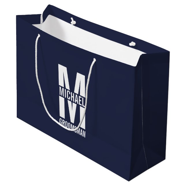Modern Personalised Groomsmen Monogram and Name Large Gift Bag (Front Angled)