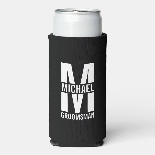 Modern Personalised Groomsmen Monogram and Name Seltzer Can Cooler (Seltzer Front)