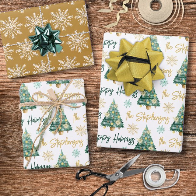 Modern Personalised Happy Holidays Tree Script Wrapping Paper Sheet (Creator Uploaded)