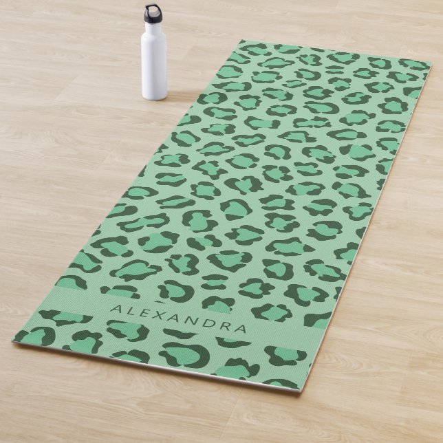 Modern Personalised Leopard Animal Print Green Yoga Mat (In Situ)