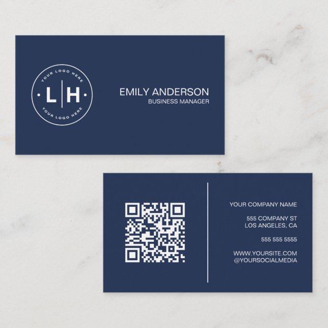 Modern Personalised Logo QR Navy Blue Business Card (Front/Back)