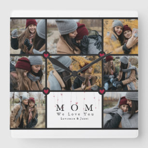 Modern Personalised Love You Mum 8 Photo collage Square Wall Clock