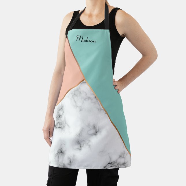 Modern Personalised Marble Peach Mint Girly Chic Apron (Insitu)