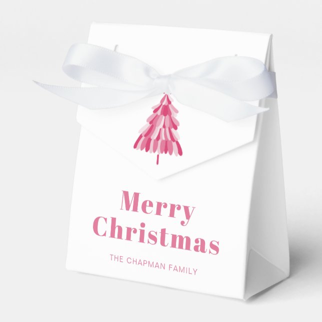 Modern Personalised Merry Christmas Pink Tree Favour Box (Front Side)
