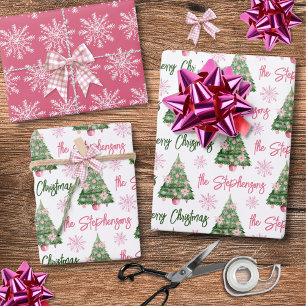 Modern Personalised Merry Christmas Tree Pink Wrapping Paper Sheet