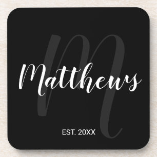 Modern Personalised Monogram and Family Name Black Coaster