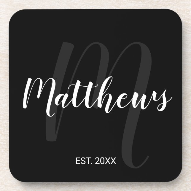 Modern Personalised Monogram and Family Name Black Coaster (Front)