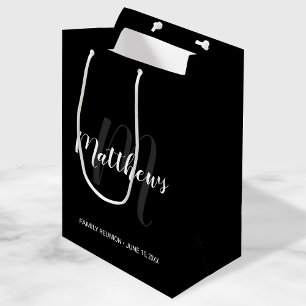 Modern Personalised Monogram and Family Name Black Medium Gift Bag