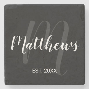 Modern Personalised Monogram and Family Name Black Stone Coaster