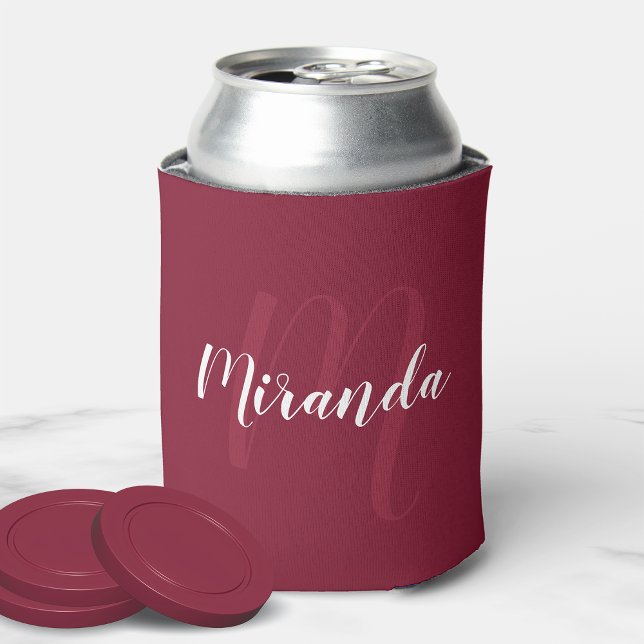 Modern Personalised Monogram and Name Burgundy Red Can Cooler (Creator Uploaded)