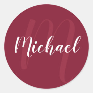 Modern Personalised Monogram and Name Burgundy Red Classic Round Sticker