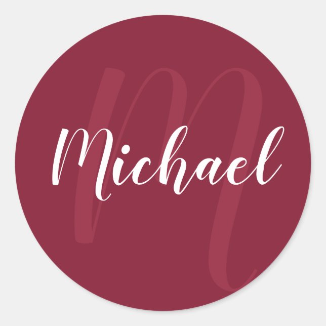 Modern Personalised Monogram and Name Burgundy Red Classic Round Sticker (Front)