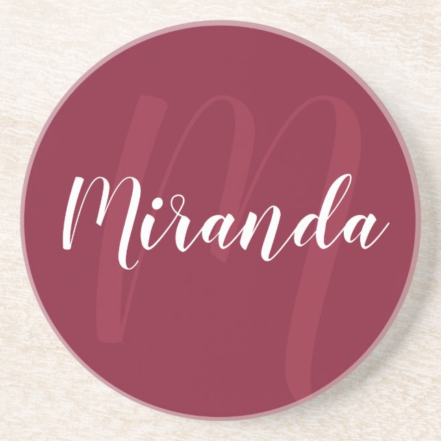 Modern Personalised Monogram and Name Burgundy Red Coaster (Front)
