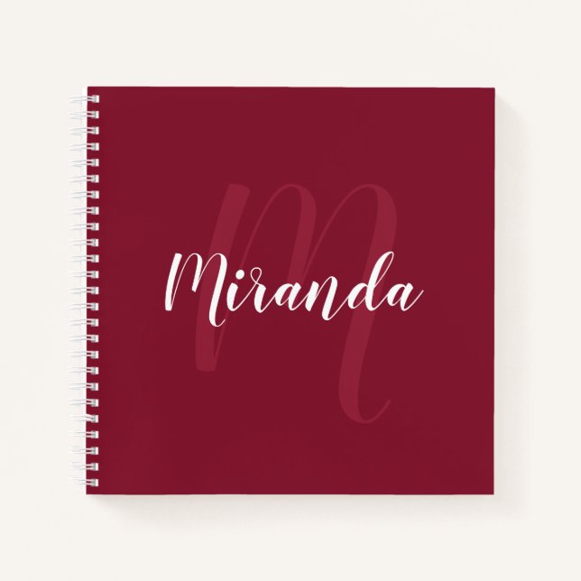 Modern Personalised Monogram and Name Burgundy Red Notebook (Front)
