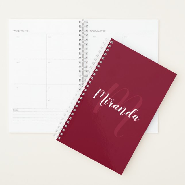 Modern Personalised Monogram and Name Burgundy Red Planner (Display)
