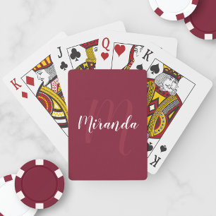 Modern Personalised Monogram and Name Burgundy Red Playing Cards