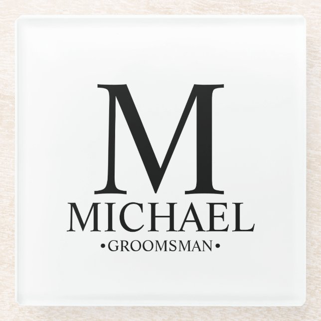 Modern Personalised Monogram and Name Groomsman Glass Coaster (Front)