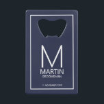 Modern Personalised Monogram and Name Groomsmen<br><div class="desc">Add a personal touch to your wedding with personalised groomsmen bottle opener.
This bottle opener features personalised groomsman's monogram and name with title and wedding date in white modern sans serif font style on navy blue background.

Also perfect for best man,  father of the bride and more.</div>