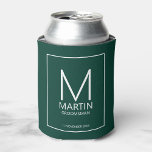 Modern Personalised Monogram and Name Groomsmen Can Cooler<br><div class="desc">Add a personal touch to your wedding with personalised groomsmen can cooler.
This can cooler features personalised groomsman's monogram and name with title and wedding date in white modern sans serif font style on emerald green background.

Also perfect for best man,  father of the bride and more.</div>